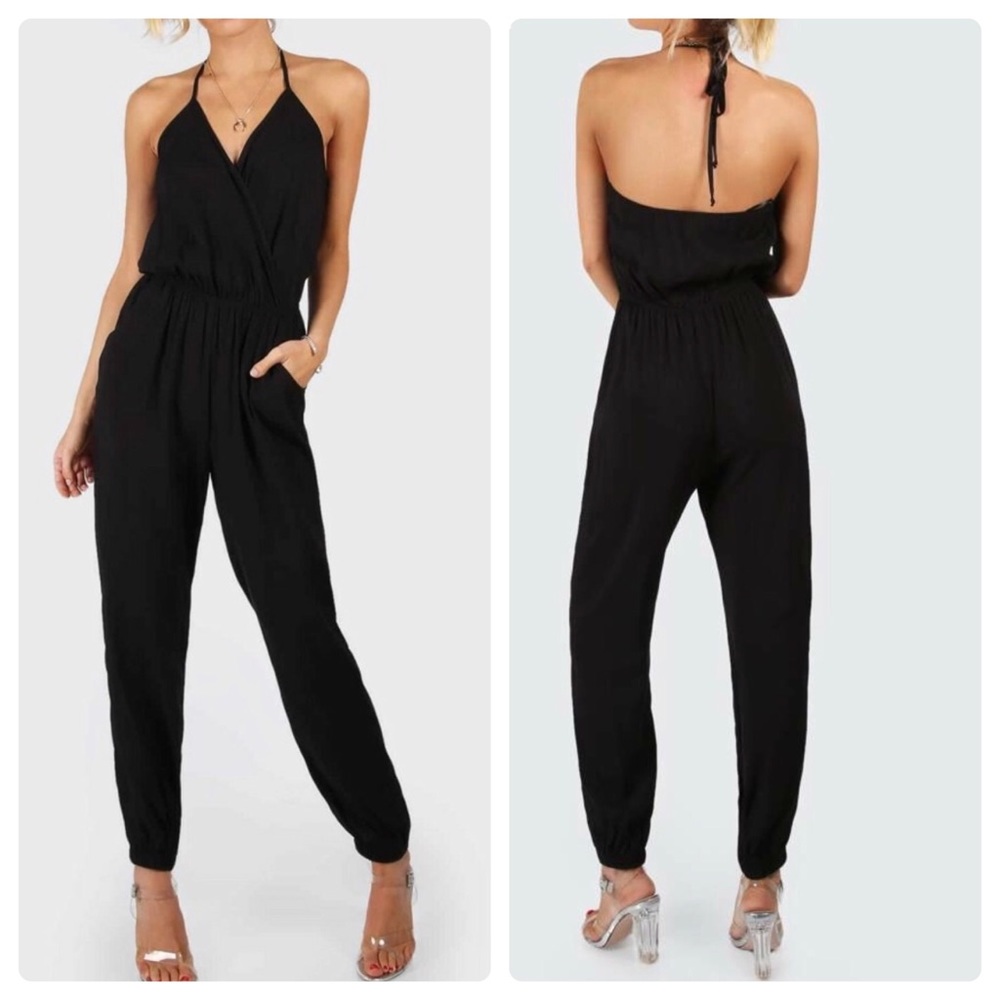Black Self Tie Halter Jumpsuit